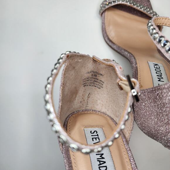 STEVE MADDEN Heels Pink Rose Glitter Collette Square Toe Stiletto Strap Sz 6.5 - Picture 7 of 8